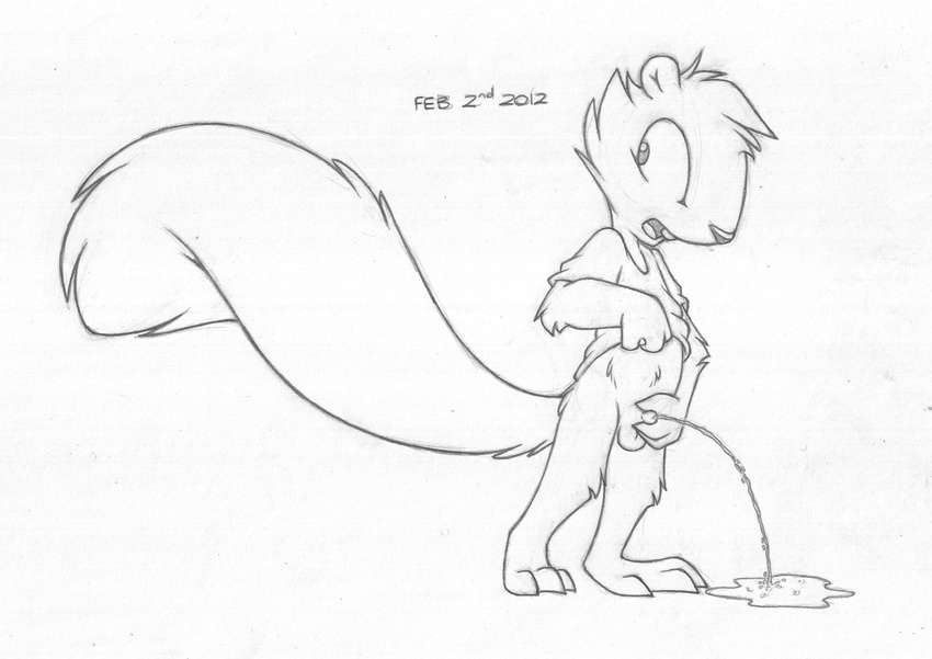 2012 animal_genitalia anthro balls barefoot bottomless buckteeth buttonverse clothed clothing clothing_lift cub dialogue greyscale hi_res looking_away male mammal mizzyam monochrome open_mouth peeing pencil_(artwork) puddle rickie_squirrel rodent sheath shirt shirt_lift simple_background smile solo squirrel standing teeth traditional_media_(artwork) urine white_background young