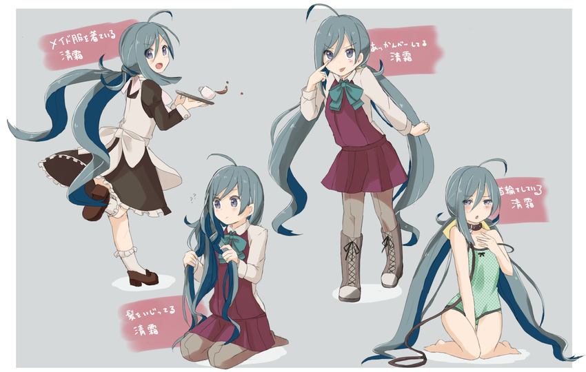 ?? adjusting_hair ahoge alternate_costume apron bare_legs between_legs blouse blue_hair blush boots bow bowtie camisole collar cup dress enmaided finger_to_eye frills grey_eyes grey_hair hair_between_eyes hand_between_legs hand_on_own_chest highres kantai_collection kiyoshimo_(kantai_collection) kneeling leash long_hair looking_at_viewer low_twintails maid multicolored_hair multiple_views open_mouth pantyhose riz_(ravel_dc) school_uniform seiza sitting sleeveless sleeveless_dress spilling standing teacup tongue tongue_out translation_request tray twintails tying_hair underwear very_long_hair