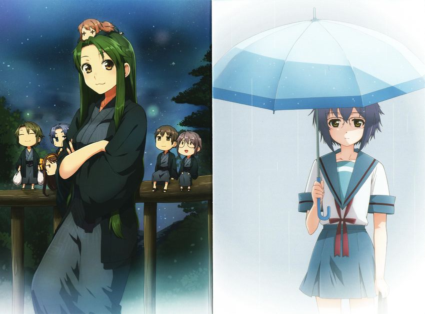 2boys 5girls :3 absurdres asahina_mikuru asakura_ryouko bag blu-ray_cover blush brown_hair carrying chibi collarbone cover crossed_arms expressionless eyebrows fence glasses green_hair grocery_bag hairband highres holding holding_umbrella japanese_clothes kimono kita_high_school_uniform koizumi_itsuki kyon long_hair long_sleeves looking_at_viewer multiple_boys multiple_girls nagato_yuki nagato_yuki-chan_no_shoushitsu official_art on_head outdoors plant purple_hair rimless_eyewear round_eyewear sandals scan school_uniform serafuku shopping_bag short_hair sidelocks sitting sky smile star_(sky) starry_sky suzumiya_haruhi suzumiya_haruhi_no_shoushitsu suzumiya_haruhi_no_yuuutsu thick_eyebrows tree tsuruya umbrella yukata