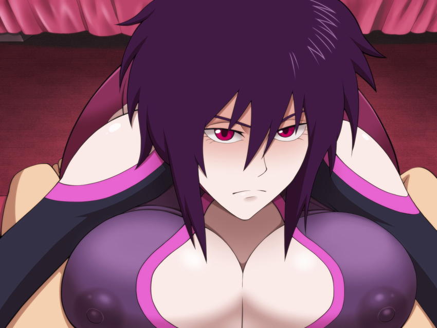 1girl 4st_injection areolae bed blush breast_press breasts cleavage cleavage_cutout clothed_female_nude_male detached_collar erect_nipples highres indoors kneeling large_breasts liebert long_sleeves looking_at_viewer majin_bone nipples pov purple_hair red_eyes see-through short_hair solo_focus