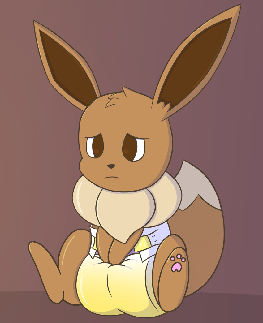 ambiguous_gender brown_eyes brown_fur diaper eevee embarrassed feral frown fur meowstic_(artist) nintendo pawpads pok&eacute;mon sitting solo urine video_games wet_diaper