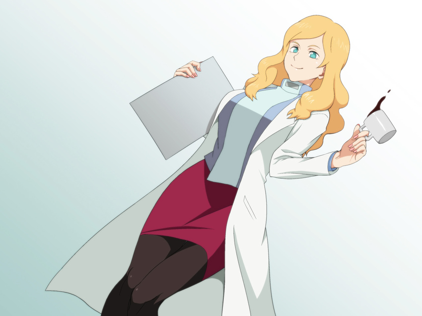 1girl 4st_injection anna_christine aqua_eyes blonde_hair blue_eyes breasts character_request coffee cup detached_collar highres holding labcoat large_breasts legs long_hair looking_away majin_bone nail_polish pantyhose pink_nails red_skirt simple_background skirt smile solo standing thighs