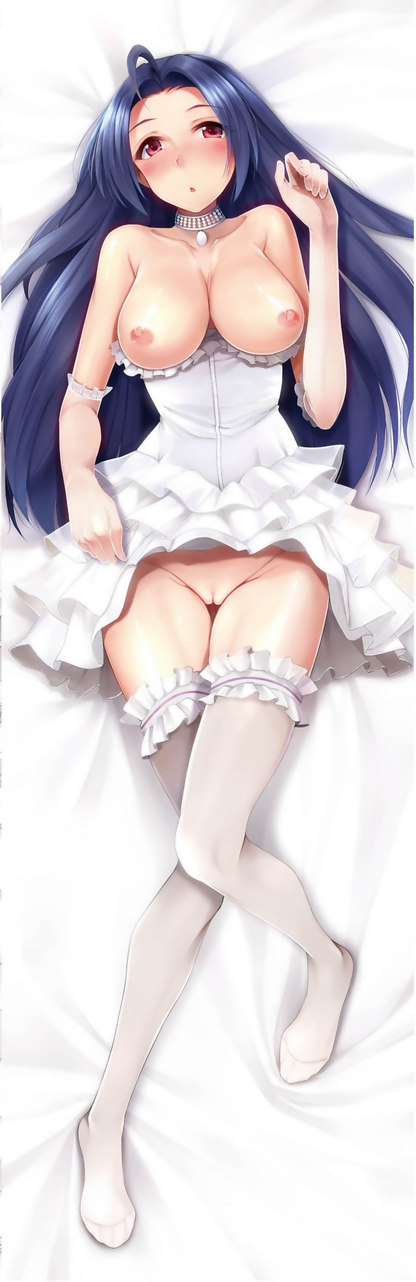 absurdres ahoge bad_id bad_yandere_id bed_sheet blue_hair breasts collarbone dakimakura dress from_above full_body garters head_tilt highres huge_filesize idolmaster idolmaster_(classic) large_breasts long_hair looking_at_viewer lying miura_azusa nipples no_panties on_back pussy red_eyes scan solo thigh_gap thighhighs very_long_hair wedding_dress white_legwear yuki_usagi_(mofurafu)