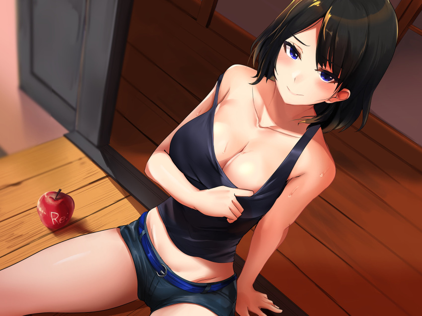 apple belt black_hair blue_eyes blurry blurry_background blush breasts cleavage crop_top depth_of_field dutch_angle food fruit haik highres large_breasts looking_at_viewer midriff original shirt_tug short_hair short_shorts shorts sitting smile solo strap_slip sweat tank_top