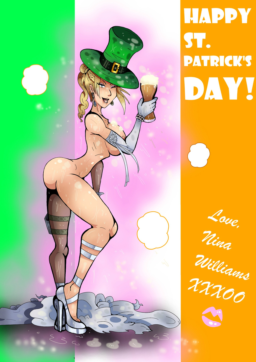 2016 alcohol alternate_version_available assassin beer beverage big_breasts blonde_hair breasts bride butt celebration clothing dandabar dress dripping fated_retribution female food footwear froth hair holidays human invalid_tag ireland irish lass mammal nevlinad nina_williams nude pint pinup pose primate shoes st._patrick's_day st_pattys tekken_(series) tekken_7 undressed wet