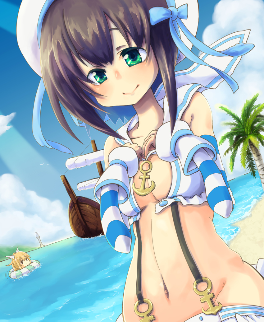 39yukinko absurdres anchor aqua_eyes awakening_(sennen_sensou_aigis) bad_anatomy bad_proportions bare_shoulders beach blush boat bow breasts brown_hair buckle building cleavage closed_mouth collarbone day detached_sleeves disembodied_head hair_bow hat highres horizon horizontal_stripes innertube lighthouse long_sleeves marie_(sennen_sensou_aigis) midriff motion_lines multiple_girls nanaly_(sennen_sensou_aigis) navel outdoors palm_tree sennen_sensou_aigis shore sidelocks smile splashing striped striped_sleeves tree water watercraft yukkuri_shiteitte_ne