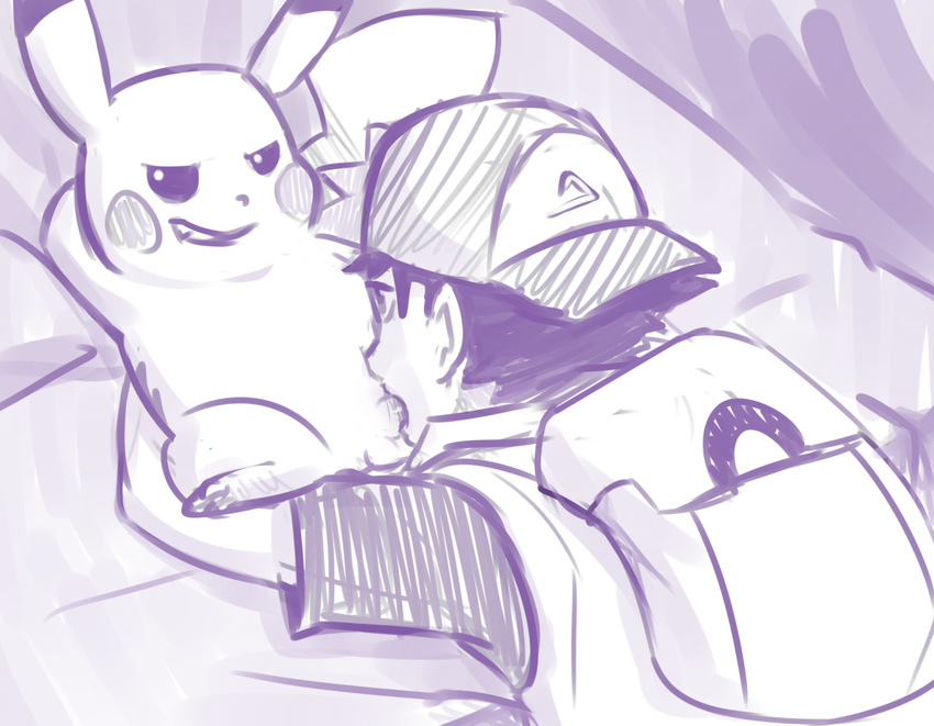 ash_ketchum backpack backwards_baseball_cap balls baseball_cap bed bestiality big_dom_small_sub dacad duo fellatio feral grin hands_behind_head hat human human_on_feral interspecies larger_male lying male male/male mammal monochrome nintendo on_back on_bed oral oral_penetration penetration pikachu pok&eacute;mon pok&eacute;philia purple_and_white sex size_difference sketch smaller_male video_games