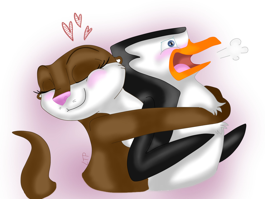 avian bird black_feathers blush brown_fur cute dreamworks duo feathers female fur hug lisathepengotter madagascar male male/female mammal marlene mustelid nickelodeon otter penguin romantic romantic_couple skipper the_penguins_of_madagascar