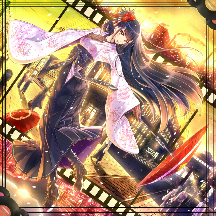 ass bemani black_hair blush boots building city cityscape cloud commentary_request dutch_angle film_border floral_print gloves hair_ornament hakama hand_on_own_chest highres japanese_clothes kazeno kimono lace lace_gloves long_hair looking_at_viewer meiji_schoolgirl_uniform mole mole_under_eye obi open_mouth orange_eyes original petals record road sash scenery sky smile solo_focus street sunset umbrella wide_sleeves