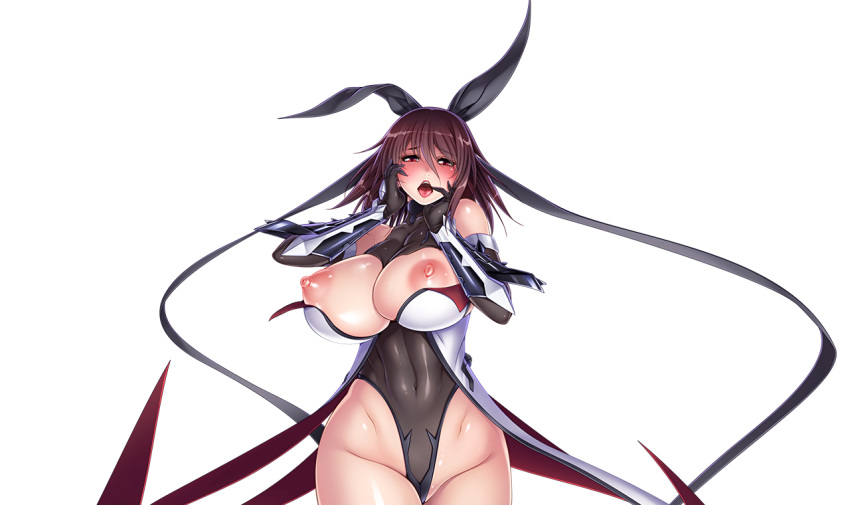 1girl aoi_nagisa_(metalder) blush breasts curvy female highleg highleg_leotard huge_breasts leotard lilith-soft looking_at_viewer mizuki_shiranui moaning pole puffy_nipples red_eyes shiny shiny_skin simple_background smile solo taimanin_(series) taimanin_rpgx taimanin_yukikaze thighs thong_leotard upper_body white_background