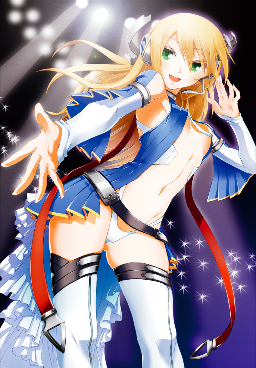 blazblue blazblue:_chronophantasma blonde_hair frills green_eyes headphones long_hair long_hiar microphone noel_vermillion thighhighs