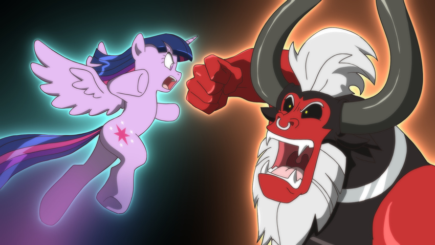 2016 beard centaur deannart duo equine equine_taur facial_hair facial_piercing fangs female fight friendship_is_magic horn male mammal my_little_pony nose_piercing nose_ring piercing taur tirek_(mlp) twilight_sparkle_(mlp) winged_unicorn wings