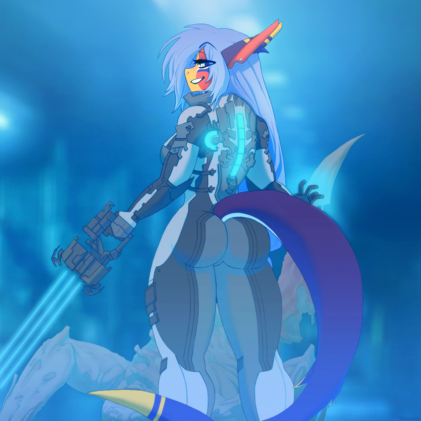 anthro armor butt chococosalo clothed clothing ear_piercing female fish half-closed_eyes looking_at_viewer looking_back marine melee_weapon piercing shark smile solo standing teeth weapon