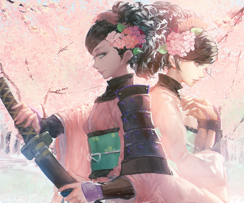 armor black_hair blackrabbitsoul brown_eyes comb dual_persona flower hair_flower hair_ornament japanese_armor japanese_clothes katana kimono momohime multiple_girls obi oboro_muramasa sash sheath shoulder_armor sode sword weapon