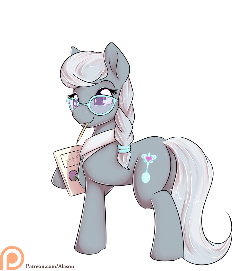 2016 aged_up alasou alpha_channel braided_hair cutie_mark earth_pony equine eyelashes eyewear female feral friendship_is_magic glasses grey_hair hair hi_res horse long_hair mammal mouth_hold multicolored_hair my_little_pony patreon pen pony purple_eyes silver_spoon_(mlp) simple_background solo transparent_background two_tone_hair