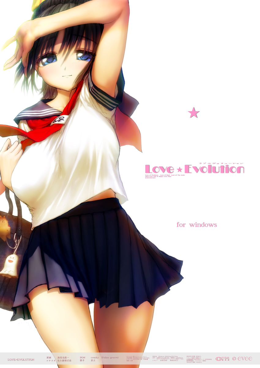 absurdres black_hair blue_eyes breasts chinatsu_(love_evolution) ebina_souichi highres large_breasts love_evolution school_uniform serafuku simple_background skirt solo