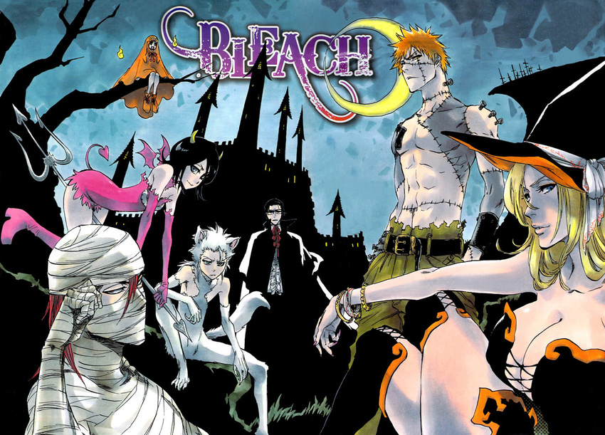 4boys abarai_renji abs animal_ears bandages bat_wings belt black_hair black_legwear bleach blonde_hair blue_eyes boots bracelet breasts castle cleavage crossed_legs demon_girl elbow_gloves english flat_chest flying frankenstein glasses gloves halloween hard_translated hat high_heels highres hitsugaya_toushirou huge_breasts in_tree inoue_orihime ishida_uryuu jewelry kubo_taito kuchiki_rukia kurosaki_ichigo large_breasts matsumoto_rangiku moon multiple_boys multiple_girls mummy orange_eyes orange_hair polearm red_eyes red_hair scar shirtless shoes sitting sitting_in_tree spiked_hair succubus tail thighhighs translated tree trident vampire weapon werewolf white_hair wings witch_hat