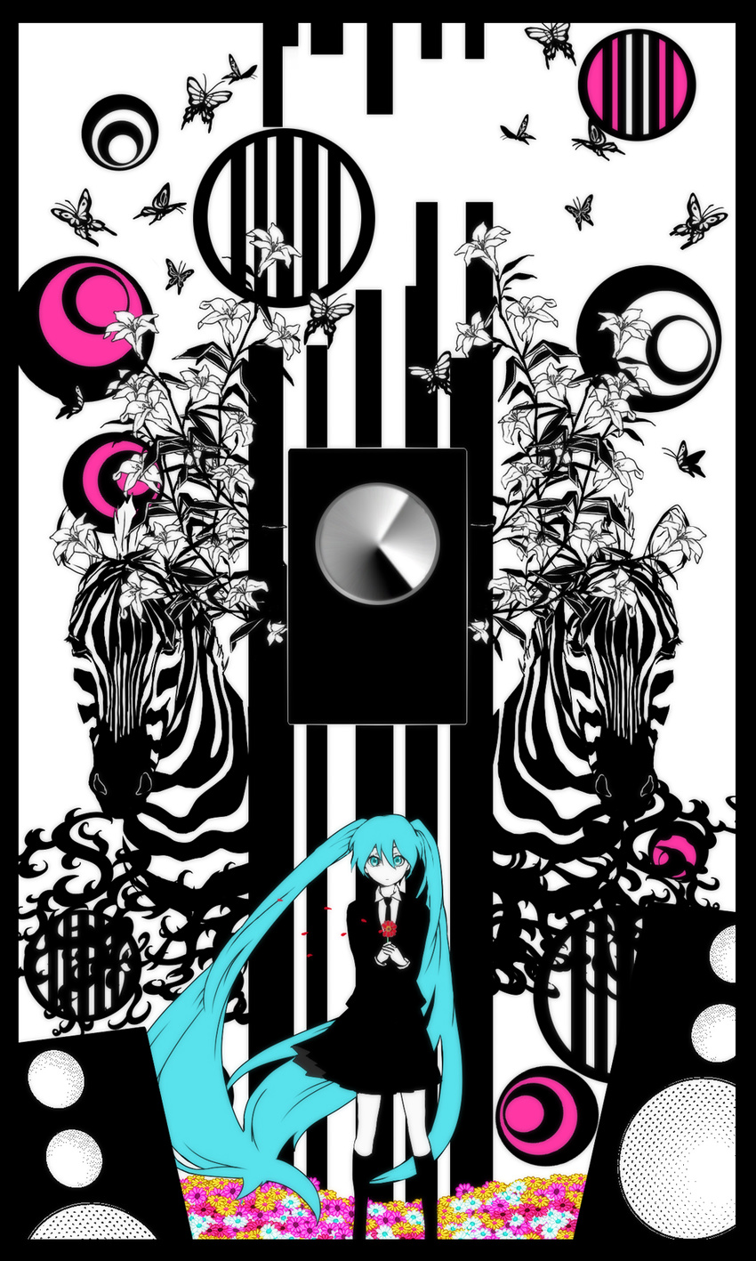 aqua_eyes aqua_hair bad_id bad_pixiv_id bug butterfly flower formal hatsune_miku high_contrast highres insect long_hair maroyan necktie saihate_(vocaloid) skirt solo speaker suit twintails very_long_hair vocaloid zebra