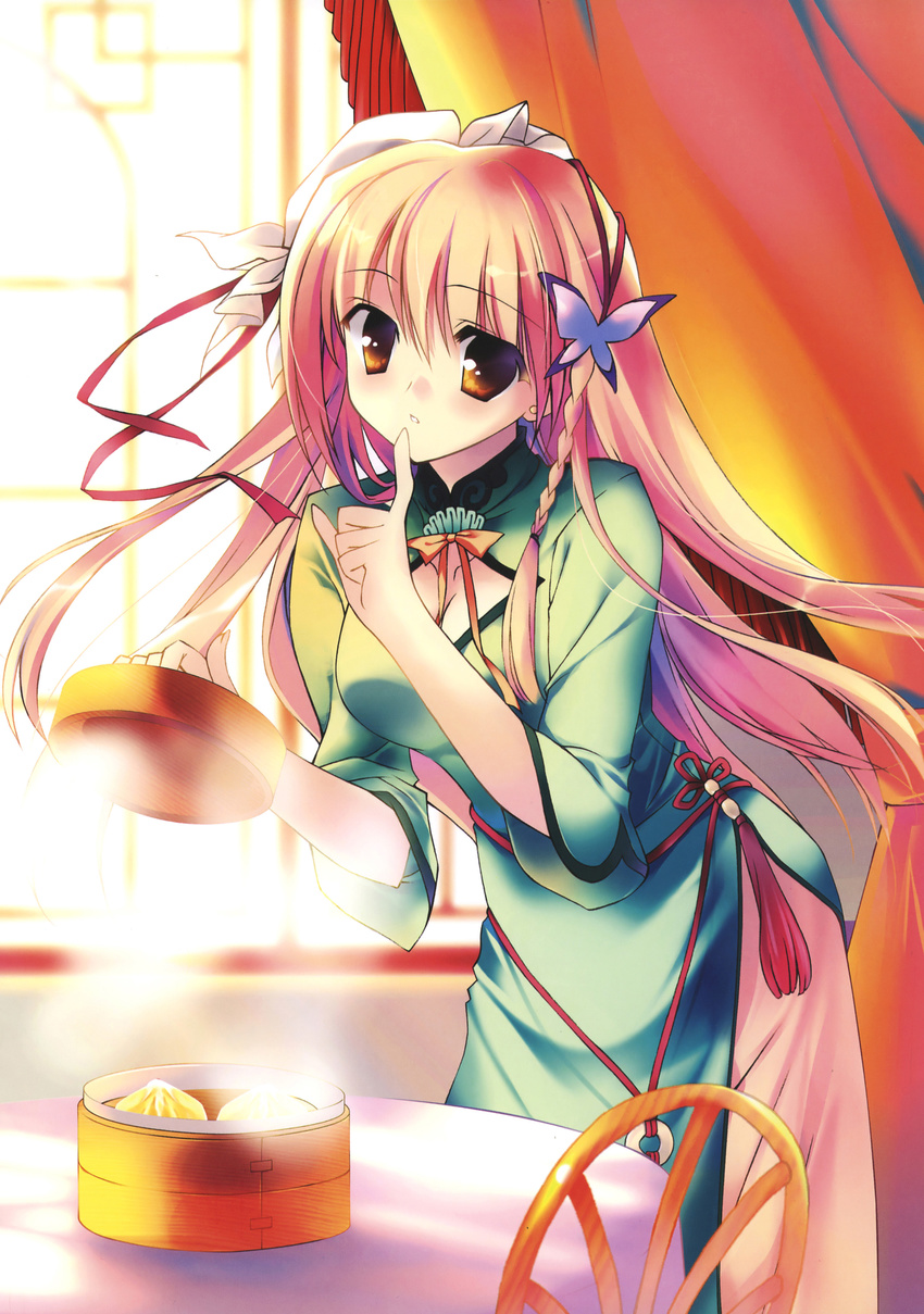 absurdres bamboo_steamer baozi breasts butterfly_hair_ornament chair chinese_clothes cleavage copyright_request curtains finger_to_mouth food hair_ornament highres medium_breasts orange_eyes pants pink_hair rei_(rei's_room) solo table