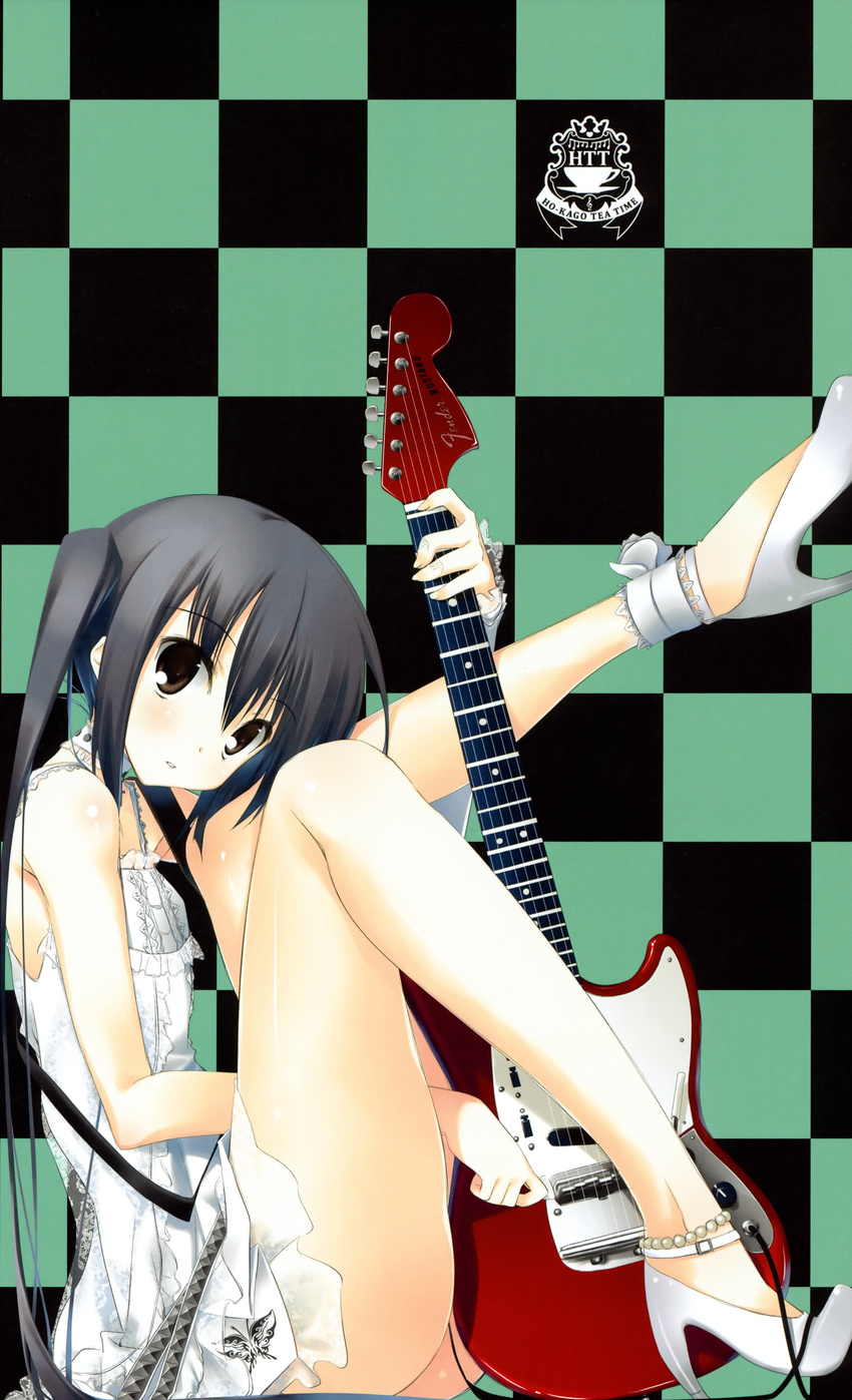 absurdres ankle_garter anklet bare_legs bare_shoulders black_eyes black_hair fender fender_mustang guitar high_heels highres instrument jewelry k-on! kagome_(traumatize) legs nakano_azusa profile shoes sitting solo thighs twintails