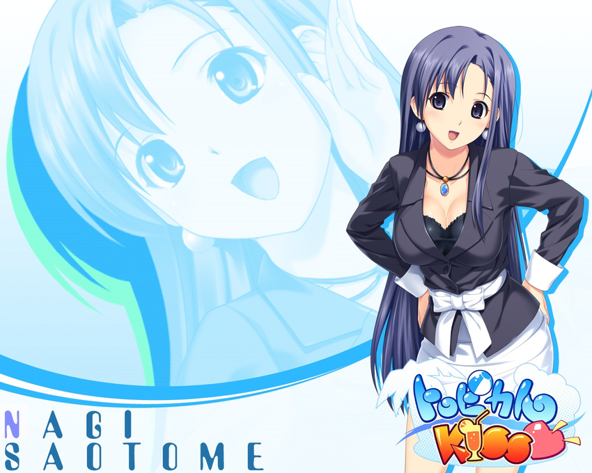 blue_hair breasts business_suit character_name cleavage copyright_name earrings formal jacket jewelry koutaro long_hair medium_breasts necklace pencil_skirt saotome_nagi skirt skirt_suit solo suit tropical_kiss very_long_hair zoom_layer