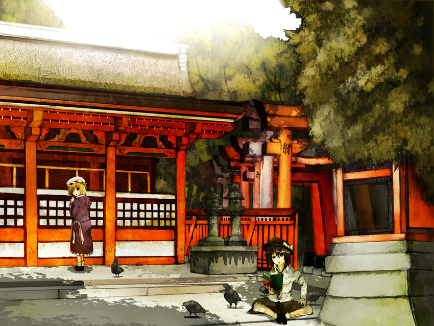 bad_id bad_pixiv_id bird blonde_hair book brown_eyes brown_hair commentary crow fushimi_inari_taisha hat highres japan kyoto long_hair looking_back maribel_hearn multiple_girls multiple_torii necktie pigeon real_world_location scenery shrine stone_lantern tokoroten_(hmmuk) torii touhou tree_shade usami_renko yellow_eyes