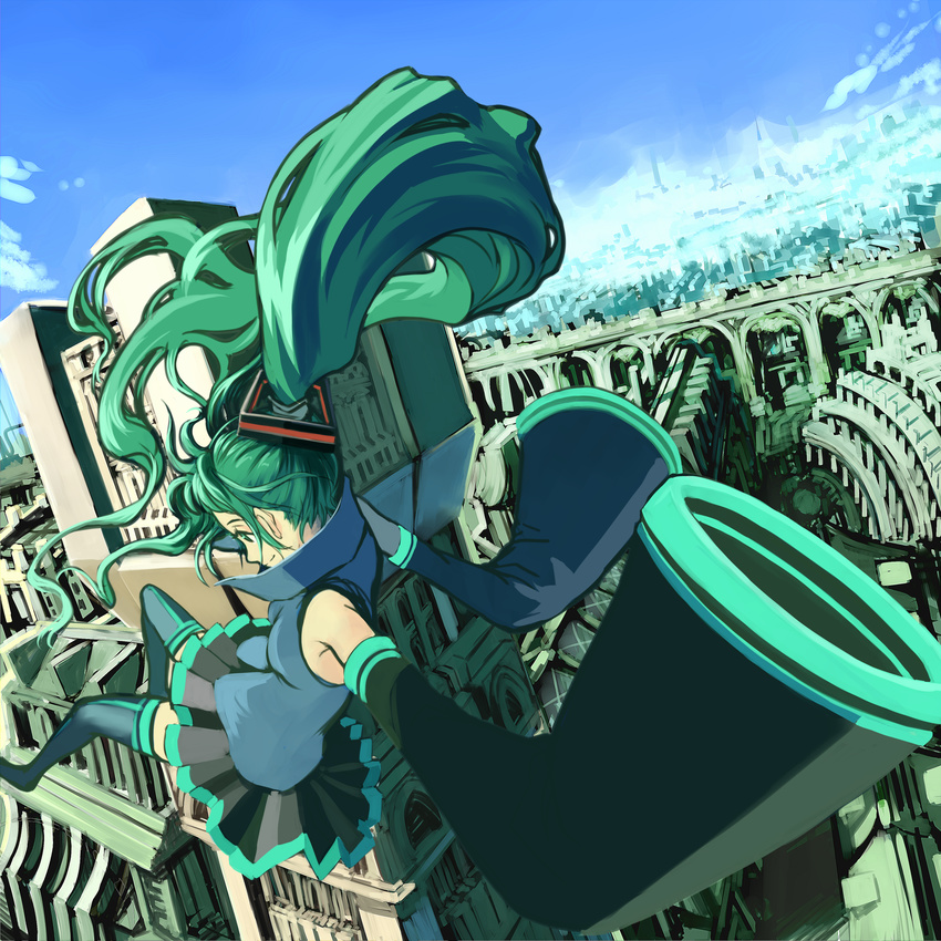 aqua_eyes aqua_hair falling hatsune_miku highres kansou_samehada long_hair necktie skirt smile solo thighhighs twintails urban vocaloid zettai_ryouiki