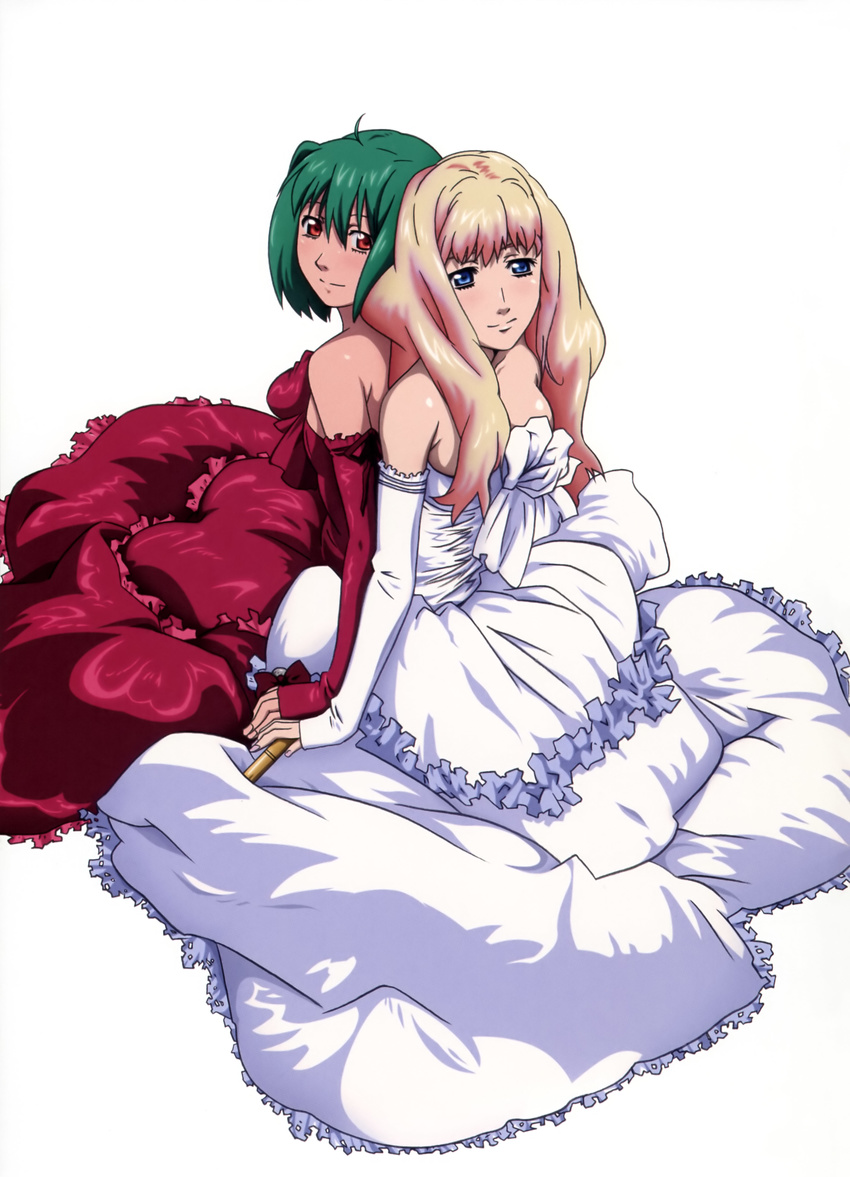 8bit absurdres detached_sleeves dress green_hair highres holding_hands long_hair macross macross_frontier multiple_girls official_art ranka_lee red_eyes sheryl_nome short_hair sitting