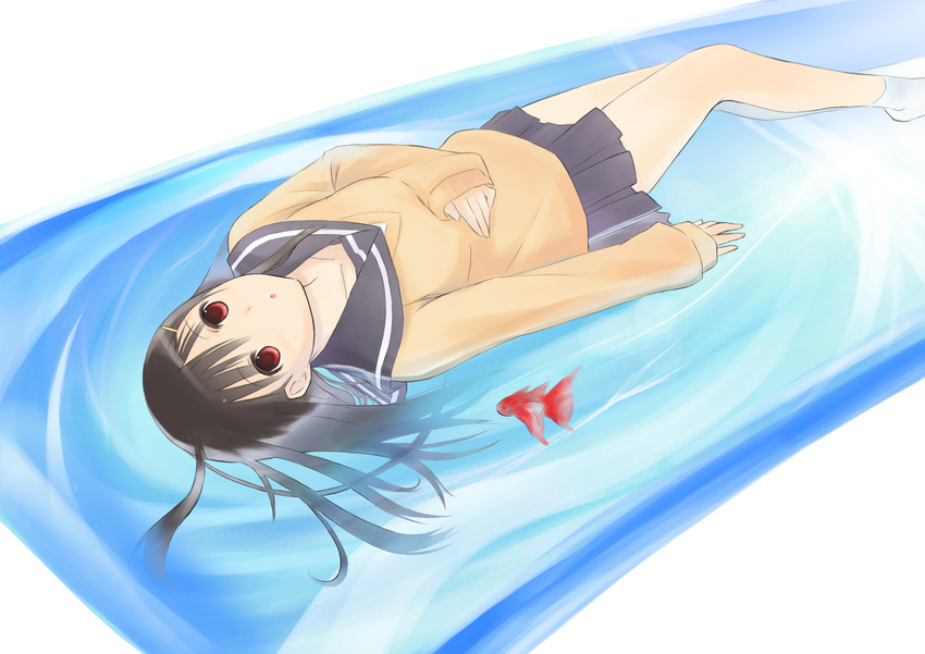 :o afloat bad_id bad_pixiv_id black_hair fish highres long_hair lying mk_(masatusaboten) original red_eyes school_uniform serafuku skirt socks solo water