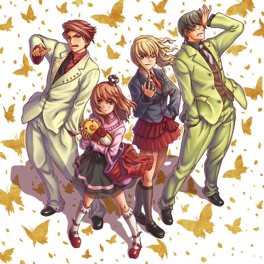 2girls black_hair blonde_hair blue_eyes bug butterfly crown dress gig99 glasses hand_in_pocket hand_on_hip hand_on_own_face highres insect jacket multiple_boys multiple_girls necktie one_eye_closed orange_hair pointing ponytail red_hair sakutarou short_hair umineko_no_naku_koro_ni ushiromiya_battler ushiromiya_george ushiromiya_jessica ushiromiya_maria wind