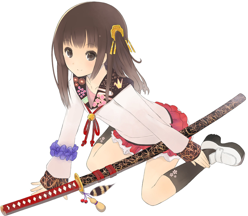 bad_id bad_pixiv_id bangs bell brown_eyes brown_hair eyebrows_visible_through_hair full_body highres jingle_bell katana kneehighs long_hair long_sleeves looking_at_viewer mk_(masatusaboten) one_side_up original ornate simple_background sitting skirt sleeves_past_wrists socks solo sword wariza weapon