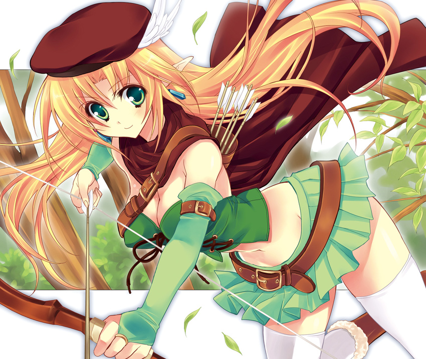 arrow belt blonde_hair bow bow_(weapon) breasts bridal_gauntlets bustier cape cleavage copyright_request earrings elf green_eyes hat jewelry large_breasts leaf long_hair microskirt midriff navel pleated_skirt pointy_ears skirt smile solo thighhighs weapon white_legwear yukiwo zettai_ryouiki