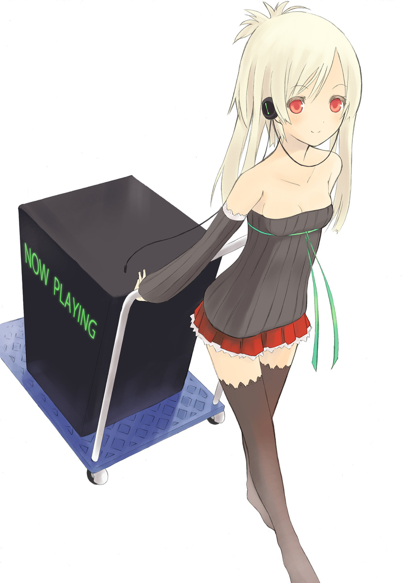 bad_id bad_pixiv_id bangs bare_shoulders black_legwear blonde_hair box breasts cable cleavage detached_sleeves frilled_skirt frills from_above green_ribbon headphones highres long_hair long_sleeves looking_at_viewer mk_(masatusaboten) original platform_truck pleated_skirt red_eyes ribbon simple_background skirt small_breasts smile solo standing strapless swept_bangs thighhighs tubetop white_background zettai_ryouiki