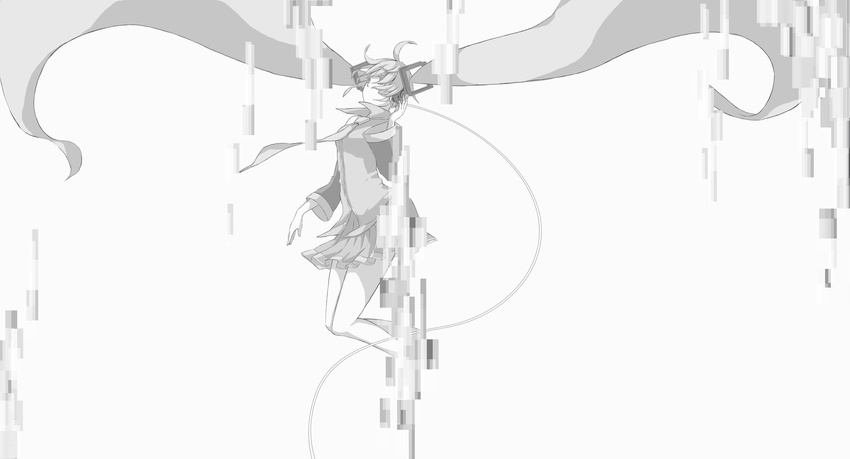 72_(nananatsu) absurdres bad_id bad_pixiv_id banned_artist detached_sleeves greyscale hatsune_miku highres long_hair monochrome pixels simple_background skirt solo twintails very_long_hair vocaloid