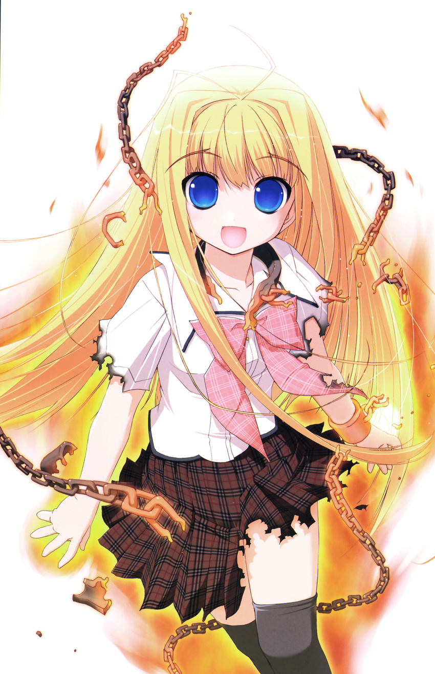 :d absurdres akata_itsuki antenna_hair blonde_hair blue_eyes chain dragon_crisis! hair_intakes highres long_hair open_mouth rose_(dragon_crisis!) smile solo thighhighs