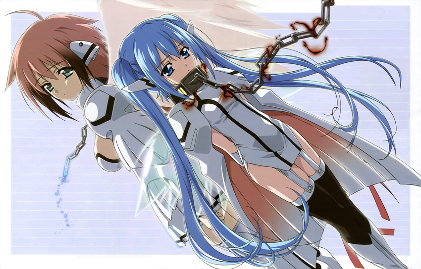 absurdres ahoge angel_wings black_legwear blue_eyes blue_hair breasts cape chain collar detexted dress dutch_angle flat_chest garters green_eyes highres ikaros large_breasts long_hair multiple_girls non-web_source nymph_(sora_no_otoshimono) pink_hair short_hair sideboob sora_no_otoshimono thighhighs third-party_edit twintails very_long_hair watanabe_yoshihiro white_legwear wings zettai_ryouiki