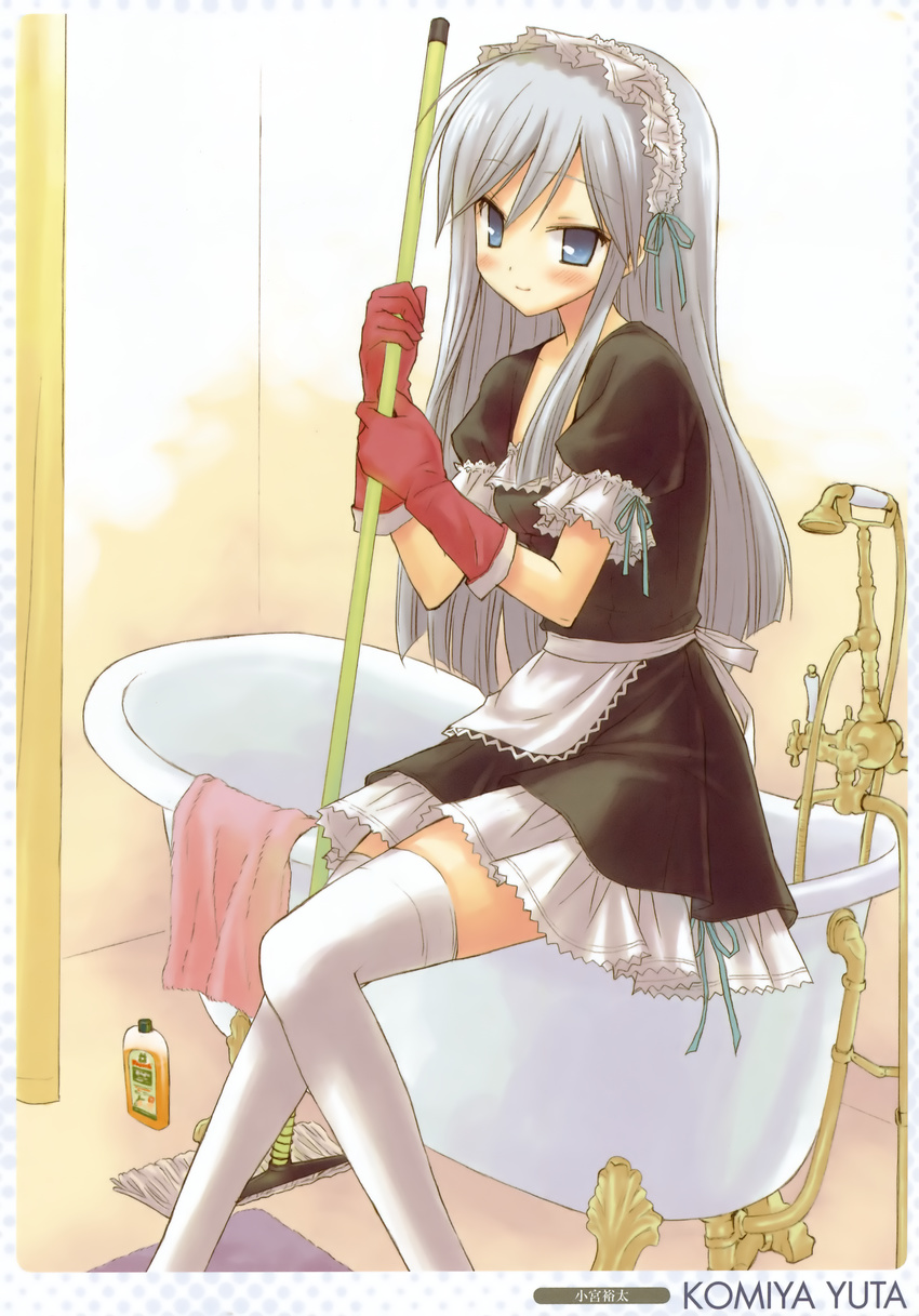 absurdres bathroom bathtub blue_eyes claw_foot_bathtub copyright_request gloves grey_hair highres komiya_yuuta maid maid_headdress mop sitting slipper_bathtub solo thighhighs white_legwear zettai_ryouiki