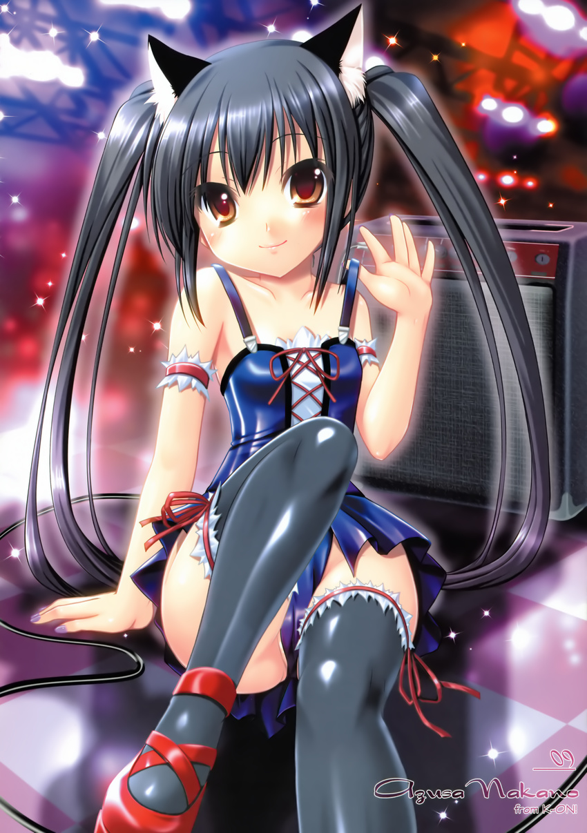 absurdres alto_seneka animal_ears black_hair cat_ears hands highres k-on! legs long_hair nail_polish nakano_azusa purple_nails red_eyes solo thighhighs twintails