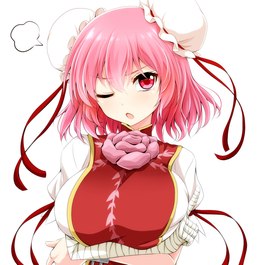 =3 bandaged_arm bandages bangs breast_hold breast_squeeze breasts commentary_request crossed_arms double_bun eyebrows eyebrows_visible_through_hair flower head_tilt highres huge_breasts ibaraki_kasen index_finger_raised looking_at_viewer one_eye_closed open_mouth pink_eyes pink_hair puffy_short_sleeves puffy_sleeves rose short_hair short_sleeves simple_background solo tabard touhou upper_body watarui white_background