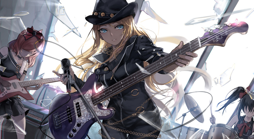 ayase_eli bangs bass_guitar bibi_(love_live!) black_hair black_hat blonde_hair blue_eyes bodysuit bow broken_glass cable chain cowboy_shot diamond_princess_no_yuuutsu drum drum_set drumsticks dutch_angle electric_guitar floating_hair glass guitar hair_between_eyes hair_bow hair_down hat highres holding holding_microphone instrument jewelry kamisa long_hair looking_at_viewer love_live! love_live!_school_idol_project microphone microphone_stand motion_blur multiple_girls music nishikino_maki off_shoulder playing_instrument red_bow red_hair ring shards skirt smile solo_focus speaker stage standing swept_bangs transparent twintails very_long_hair yazawa_nico