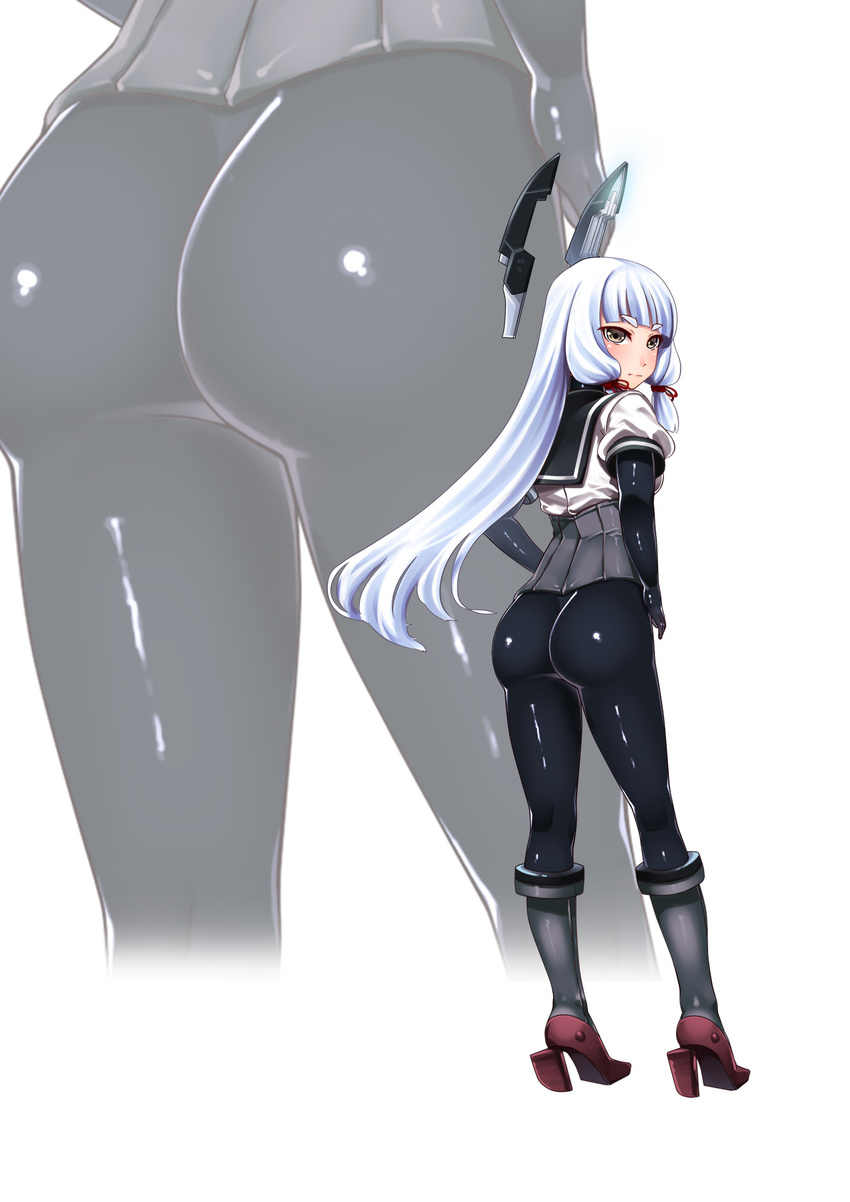 ass back bangs black_gloves blunt_bangs boots corset cosplay from_behind full_body gloves glowing grey_footwear hair_ribbon hands_on_hips hatsuzuki_(kantai_collection) hatsuzuki_(kantai_collection)_(cosplay) headgear hiememiko high_heel_boots high_heels highres kantai_collection knee_boots legs_apart long_hair looking_at_viewer looking_back murakumo_(kantai_collection) no_pants pantyhose ribbon sailor_collar shiny shiny_clothes shirt short_eyebrows silver_hair solo standing tress_ribbon white_background white_shirt zoom_layer