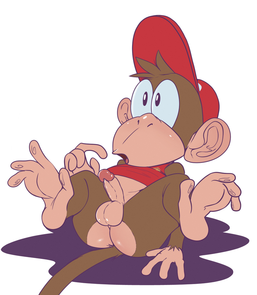 anthro anus balls barefoot baseball_cap bottomless clothed clothing cub curious diddy_kong erection front_view hat humanoid_penis jerseydevil looking_away lying male mammal monkey on_back penis prehensile_feet primate reclining shirt solo tank_top young
