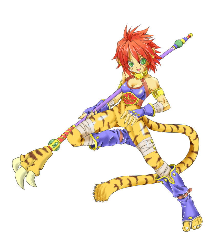 absurdres animal_ears atm_(samuraiedge) breasts breath_of_fire breath_of_fire_ii bustier cat_ears cat_tail facial_mark furry gloves green_eyes highres no_panties no_pants orange_hair pointy_ears red_hair rinpoo_chuan sharp_toenails short_hair small_breasts solo staff tail toenails white_background