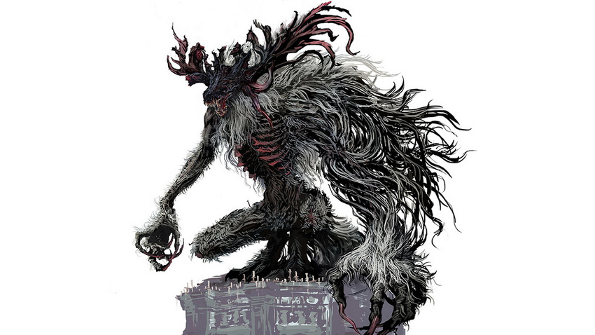 ambiguous_gender antlers bloodborne claws fangs horn mammal monster official_art simple_background solo video_games wendigo