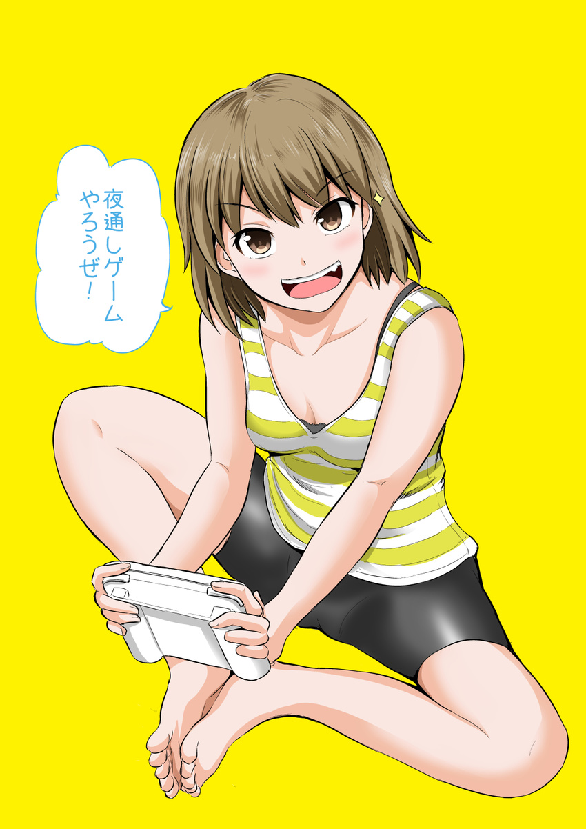 bike_shorts breasts brown_eyes brown_hair cleavage commentary_request fang game_console highres looking_at_viewer original sabo_rin short_hair small_breasts solo sparkle tank_top translated wii_u yano_toshinori