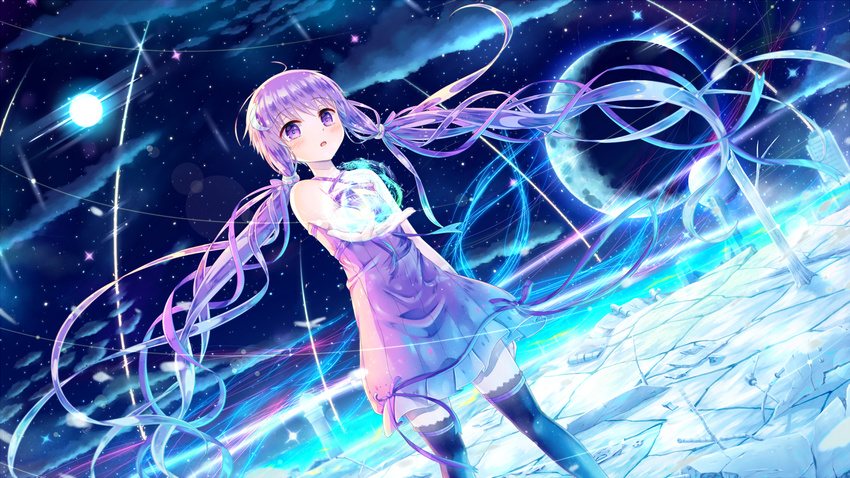 bare_shoulders blush cloud crescent crescent_hair_ornament dress hair_ornament highres long_hair low_twintails night open_mouth purple_eyes purple_hair sakakidani sky solo star_(sky) starry_sky thighhighs twintails very_long_hair vocaloid voiceroid yuzuki_yukari