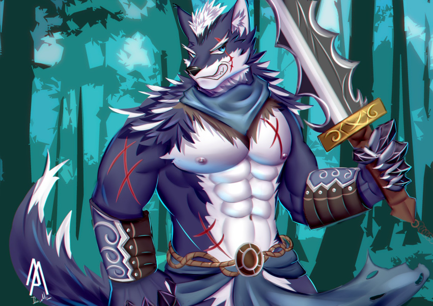 2019 abs anthro biceps canine clothing hi_res male mammal melee_weapon muscular nipples pecs piao_miao scar solo sword weapon wolf