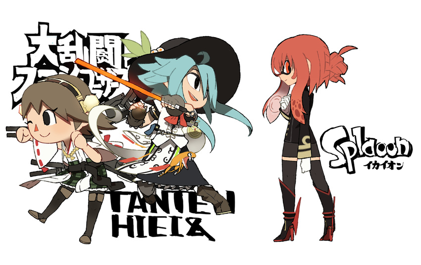 ahoge alternate_hairstyle black_eyes blue_hair blush boots brown_hair character_name chibi commentary_request copyright_name detached_sleeves domino_mask doubutsu_no_mori fingerless_gloves gloves hair_bun hairband hat hiei_(kantai_collection) high_heels hinanawi_tenshi hms_orion_(siirakannu) kantai_collection long_hair looking_at_viewer mask multiple_girls one_eye_closed parody poke_ball pokemon red_eyes red_hair short_hair siirakannu skirt smile splatoon_(series) splatoon_1 style_parody super_smash_bros. sword tentacle_hair thigh_boots thighhighs touhou translation_request uniform villager_(doubutsu_no_mori) weapon