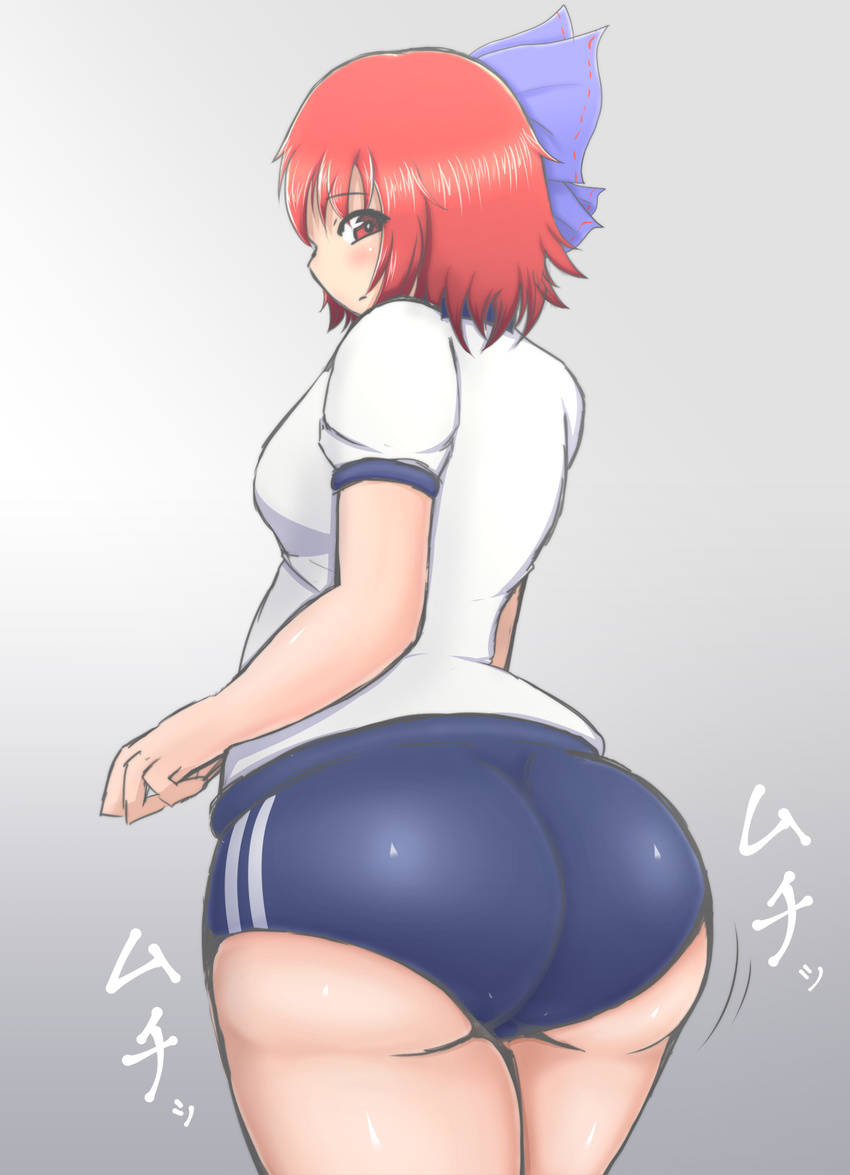 ass bad_id bad_pixiv_id breasts commentary_request cowboy_shot gradient gradient_background guroo_(shine119) hair_ornament highres looking_back motion_lines sekibanki small_breasts solo thick_thighs thighs touhou wide_hips