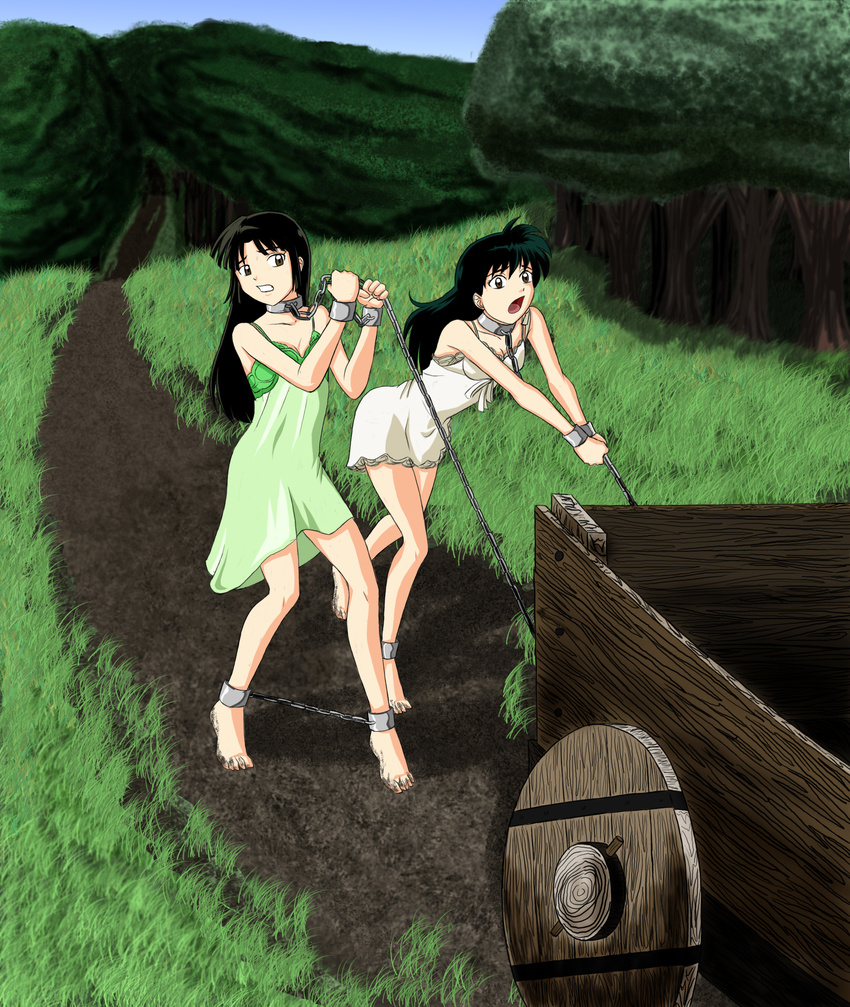 absurdres barefoot bdsm black_hair bondage bound bound_ankles bound_wrists brown_eyes cart chain collar cuffs day dirty_feet grass highres higurashi_kagome inuyasha leash leash_pull long_hair multiple_girls nightgown outdoors resisting rocatr88 sango shackles slave